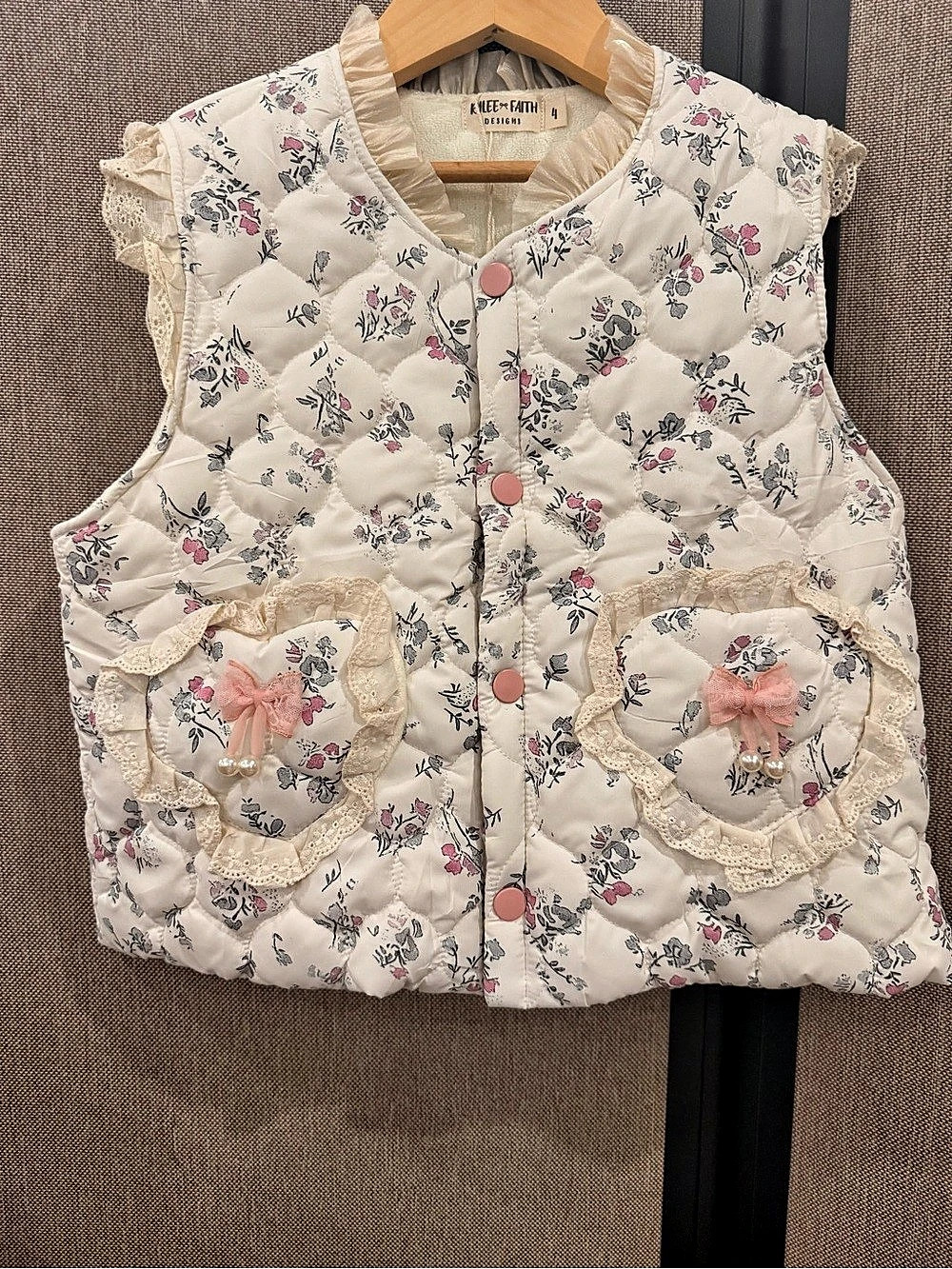 Rylee Faith Designs Floral Quilted Vest in Cream & Pink